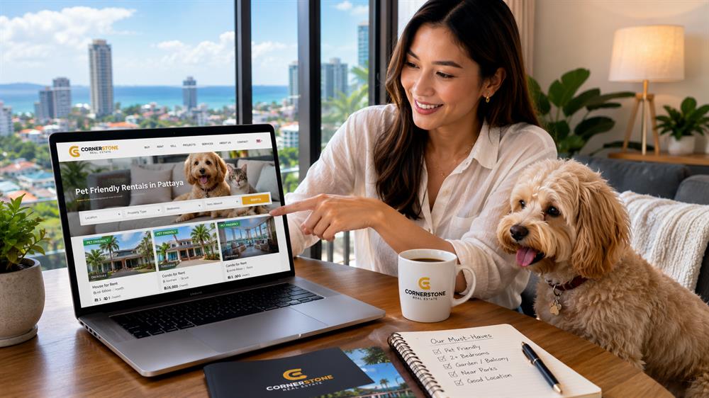 A Pattaya tenant searching for pet friendly rental properties online while comparing houses and condominiums that accept dogs and cats.
